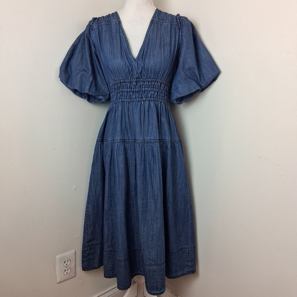 Pilcro Smocked Puff-Sleeve Denim Cotton Dress Size Small - Picture 2 of 12